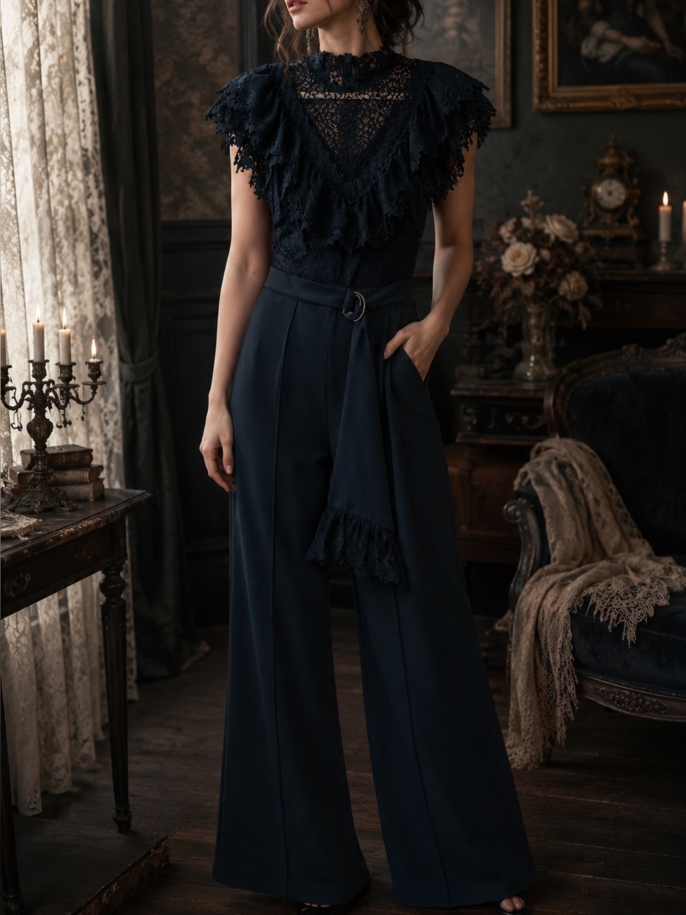 VALENTINE Dark Romantic Victorian Gothic Lace Belted Wide Leg Jumpsuit Size M